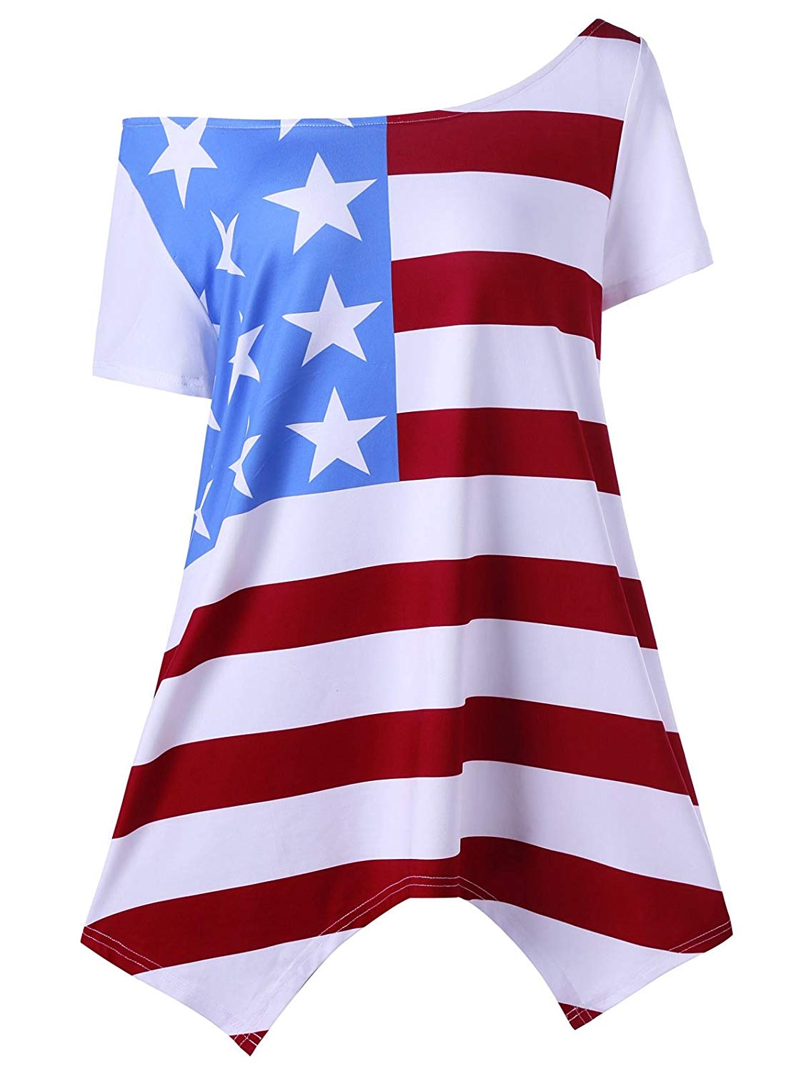 OMONSIM Women's Vogue Shoulder Off Wide Hem Design Top Shirt American Flag T Shirt - Ranger Rags