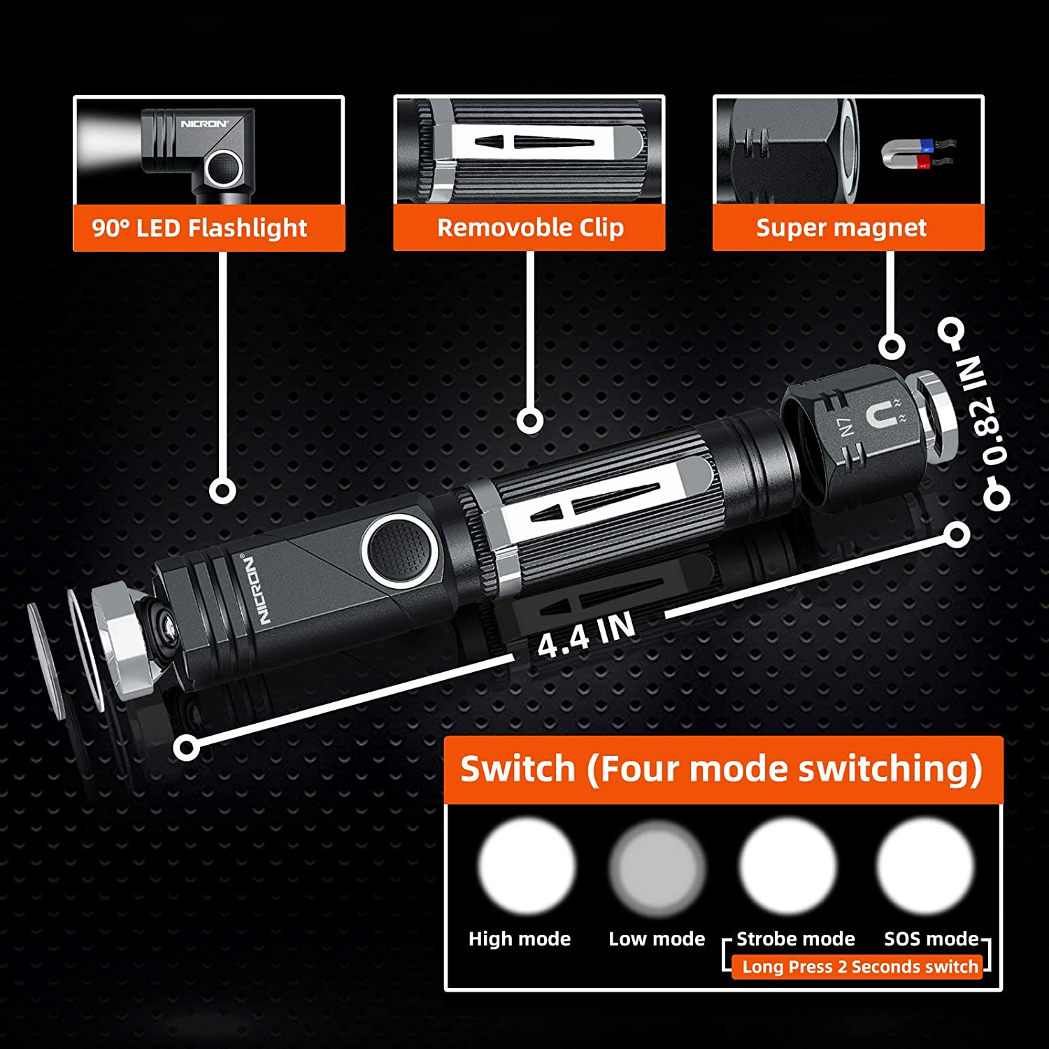 best 90 degree rechargeable flashlight Flashlight, NICRON N7 600 Lumens Tactical Flashlight, 90 Degree Mini Flashlight Ip65 Waterproof Led Flashlight 4 Modes- Best High Lumens Are For Camping, Outdoor, Hiking (Not including Batteries)Gift