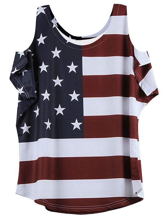 OMONSIM Women's Vogue Shoulder Off Wide Hem Design Top Shirt American Flag T Shirt - Ranger Rags
