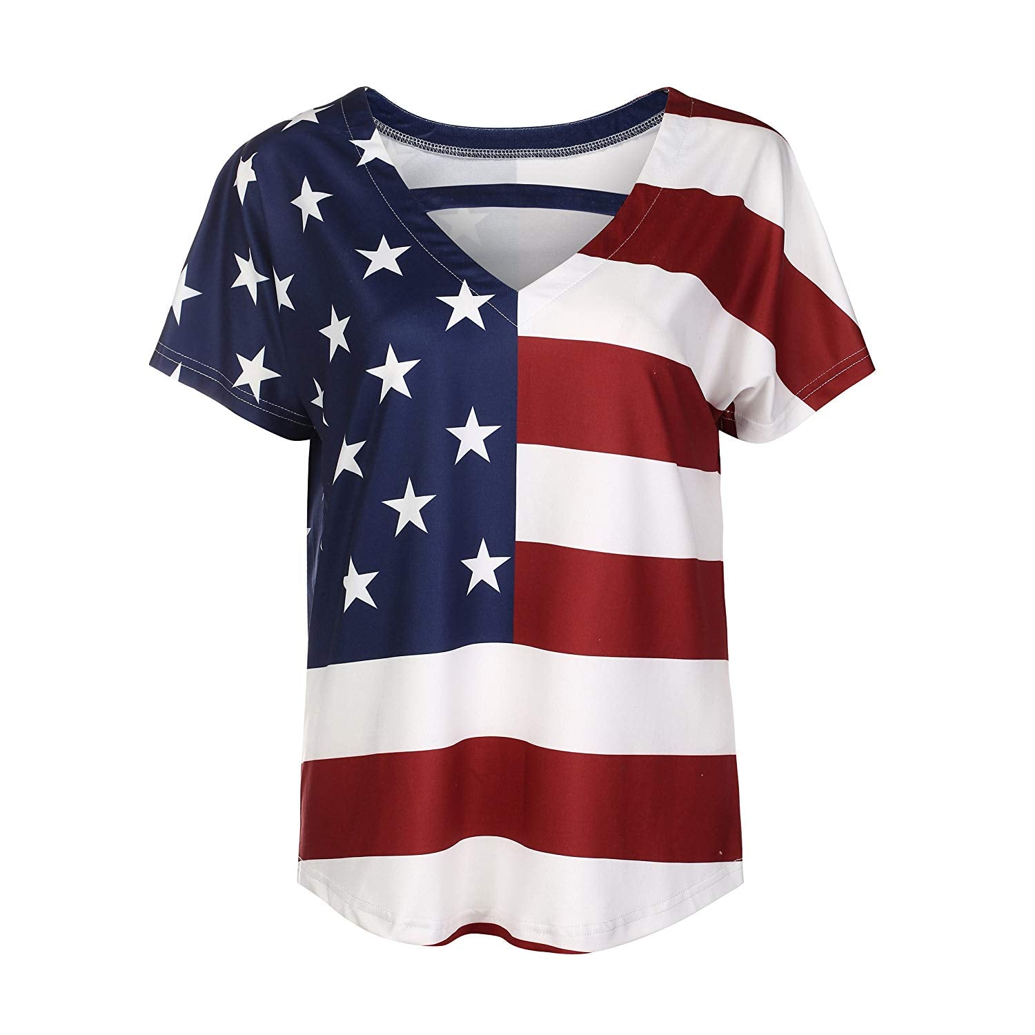 OMONSIM Women's Vogue Shoulder Off Wide Hem Design Top Shirt American Flag T Shirt - Ranger Rags