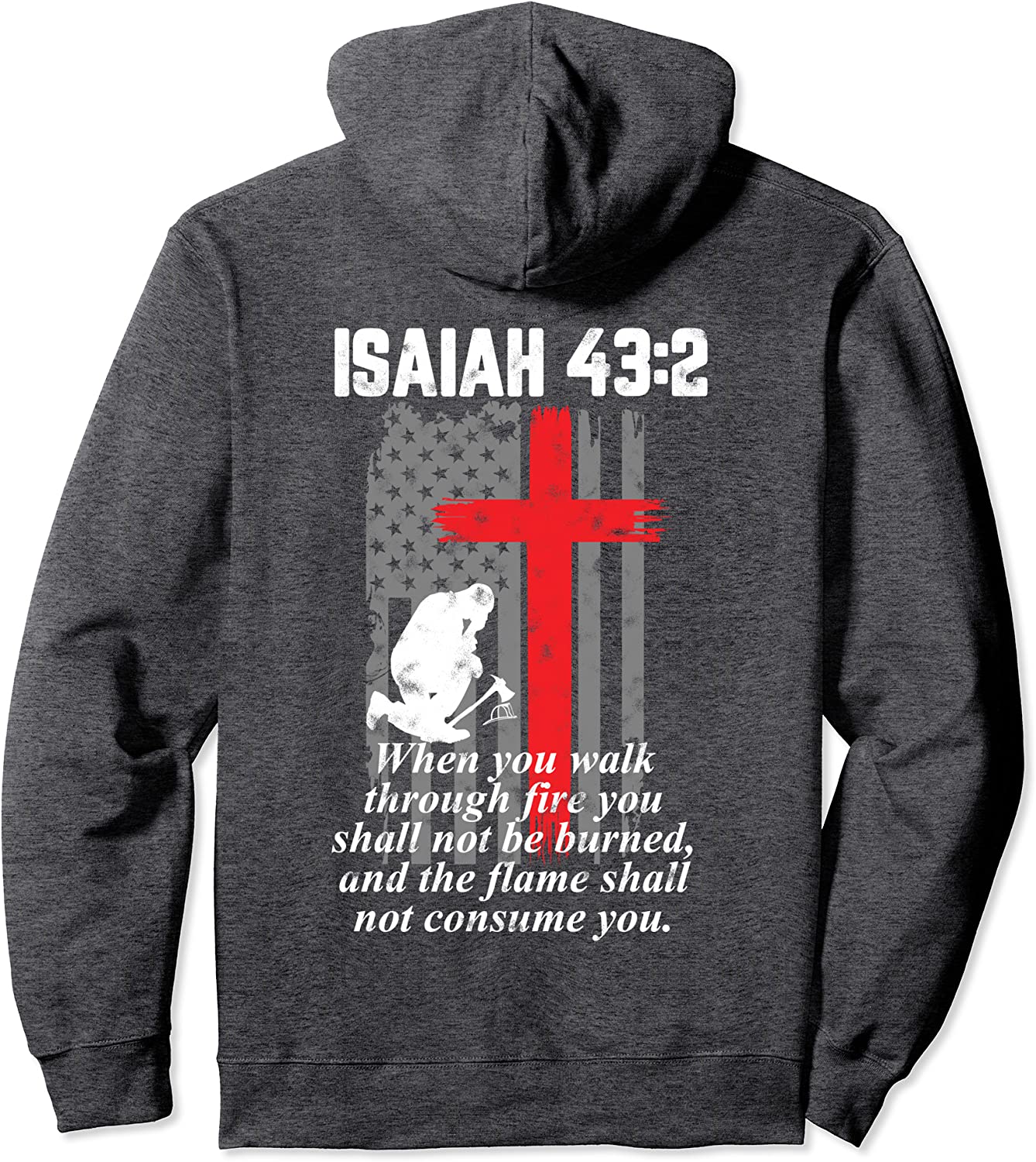 Thin Red Line Firefighter cross Bible Verse American Flag Pullover Hoodie